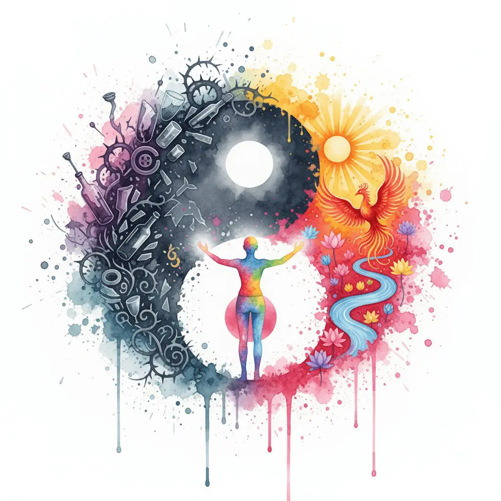 Die NeelixberliN-Figur balanciert auf einem Yin & Yang-Symbol aus Sucht und Recovery, als Symbol für das Gesetz der Polarität.