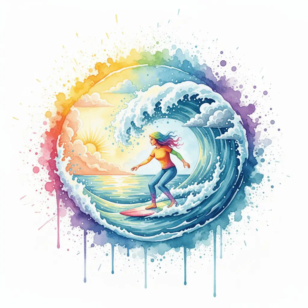 Die NeelixberliN-Figur als Surfer auf der Welle des Lebens, als Symbol für die Akzeptanz des Gesetzes des Rhythmus.