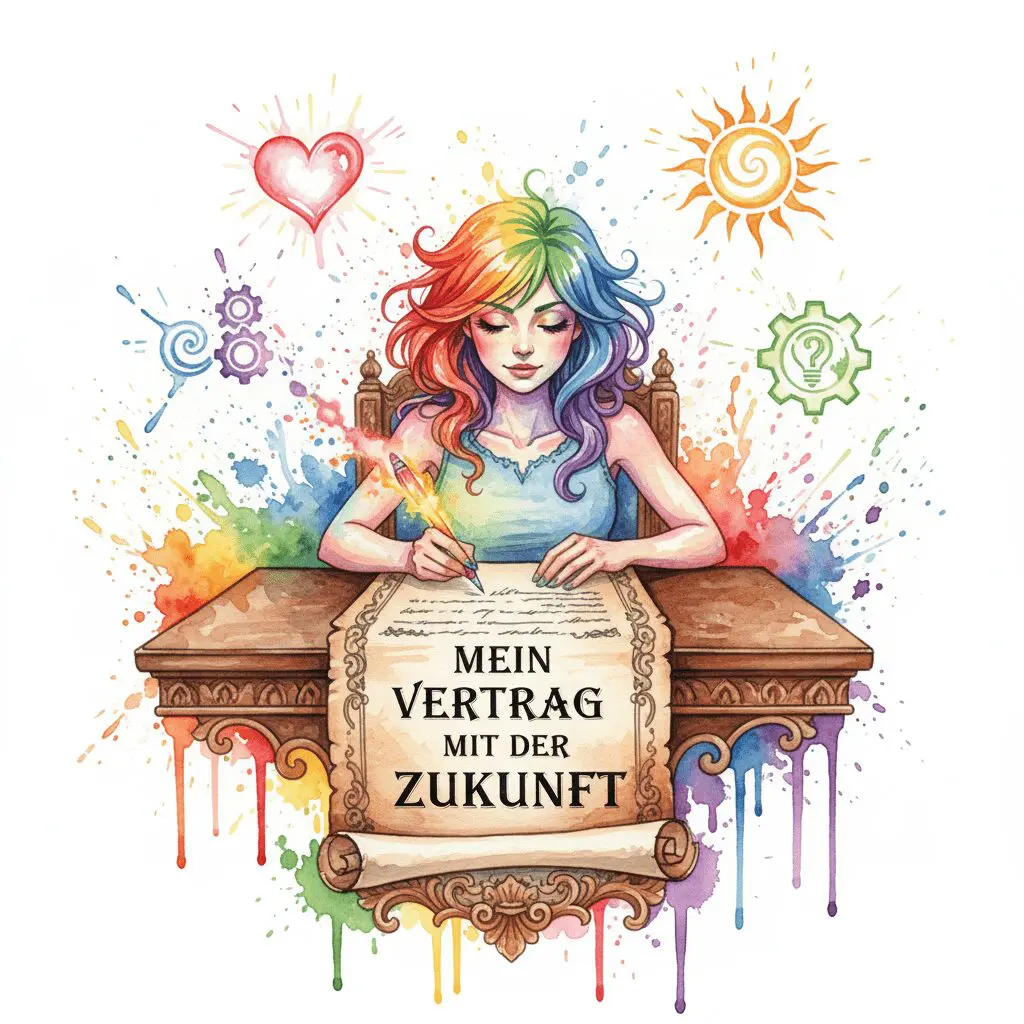 Die NeelixberliN-Figur unterschreibt einen Vertrag mit der Zukunft. Symbol für das Setzen einer klaren, verbindlichen Intention für die Recovery.