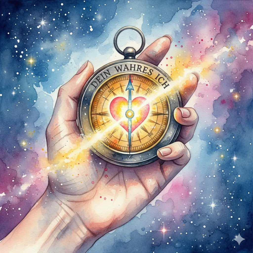 Ein leuchtender Kompass, dessen Nadel auf ein Herz zeigt. Symbol für den "Seelenplan" und die innere Wahrheit in der Recovery.