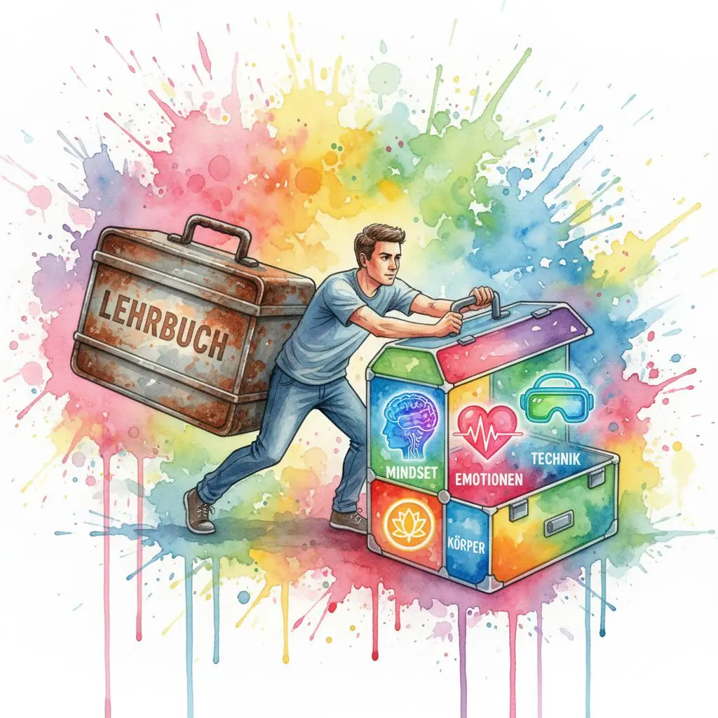 Eine Person baut sich einen eigenen, modernen Werkzeugkasten zusammen, statt den alten "Lehrbuch"-Kasten zu nehmen. Symbol für einen individuellen Recovery-Weg.