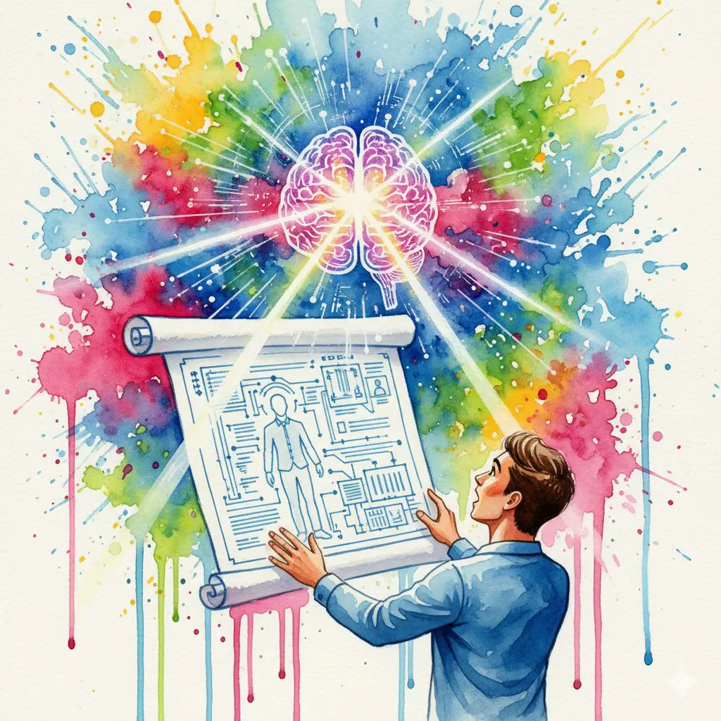 Ein leuchtendes KI-Gehirn entwirft einen individuellen Bauplan für eine Person. Symbol für die Revolution der Suchthilfe durch KI.