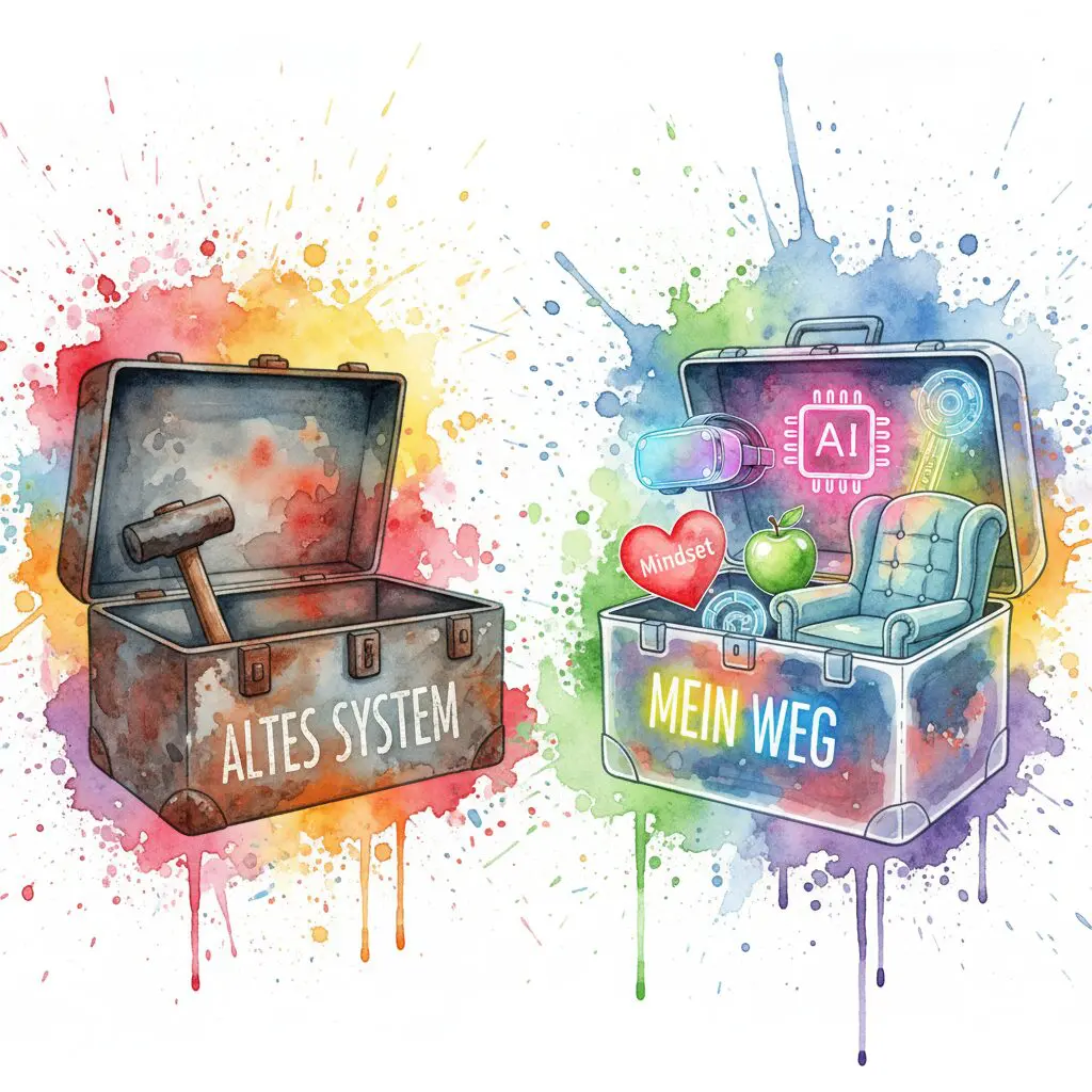 Ein neuer, leuchtender Werkzeugkasten mit KI, VR, Mindset und Therapie-Symbolen steht neben einem alten, rostigen. Symbol für die integrative Revolution der Suchthilfe.