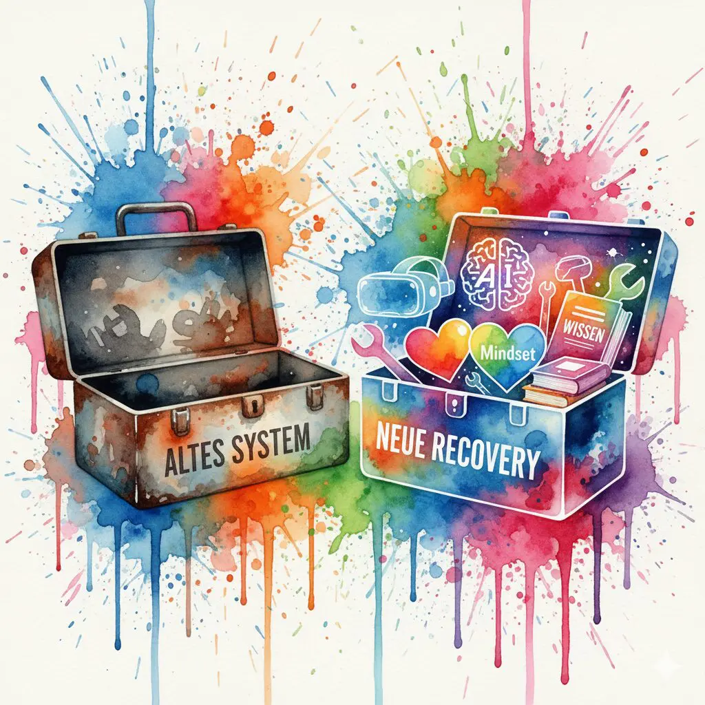 Ein neuer, leuchtender Werkzeugkasten mit KI, VR und Mindset-Symbolen steht neben einem alten, rostigen. Symbol für die Revolution der Suchthilfe.