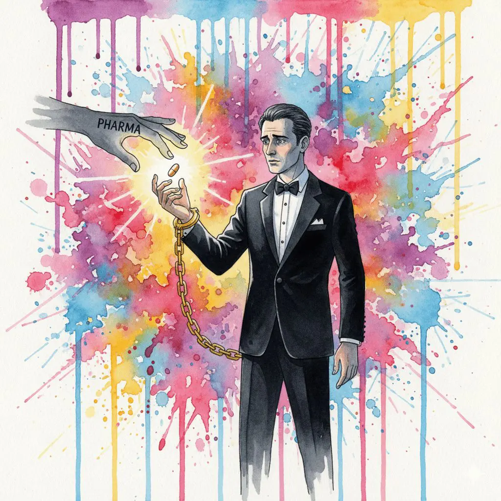 Eine Hand gibt der NeelixberliN-Figur eine Pille, die sich als goldene Handschelle entpuppt. Symbol für die Abhängigkeit von der Pharma-Industrie und Substitution.