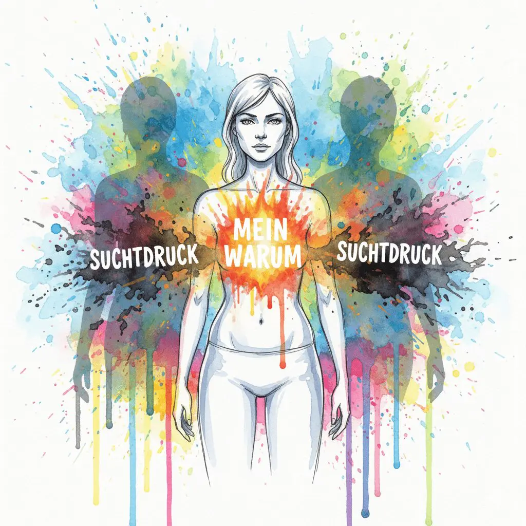 Ein helles inneres Feuer mit der Aufschrift "MEIN WARUM" brennt in der Brust einer Person und vertreibt die Schatten des Suchtdrucks. Symbol für die Kraft der Sinnfindung.