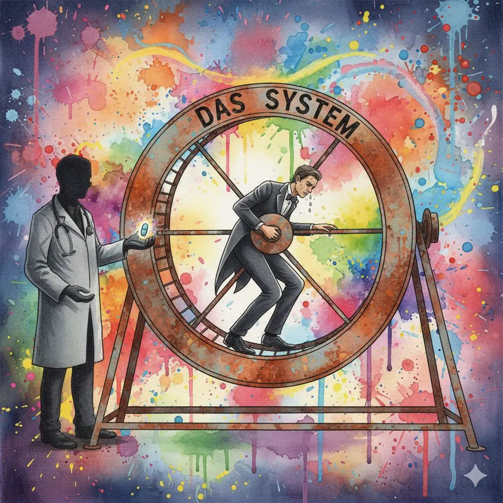 Die NeelixberliN-Figur läuft in einem Hamsterrad ("DAS SYSTEM"), als Symbol für den Drehtür-Effekt und die Willens-Lüge in der Suchthilfe.