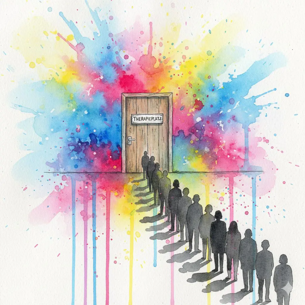 Eine endlose Schlange von hoffnungslosen Menschen wartet vor einer verschlossenen Tür mit der Aufschrift "THERAPIEPLATZ". Symbol für die Wartelisten-Lüge.