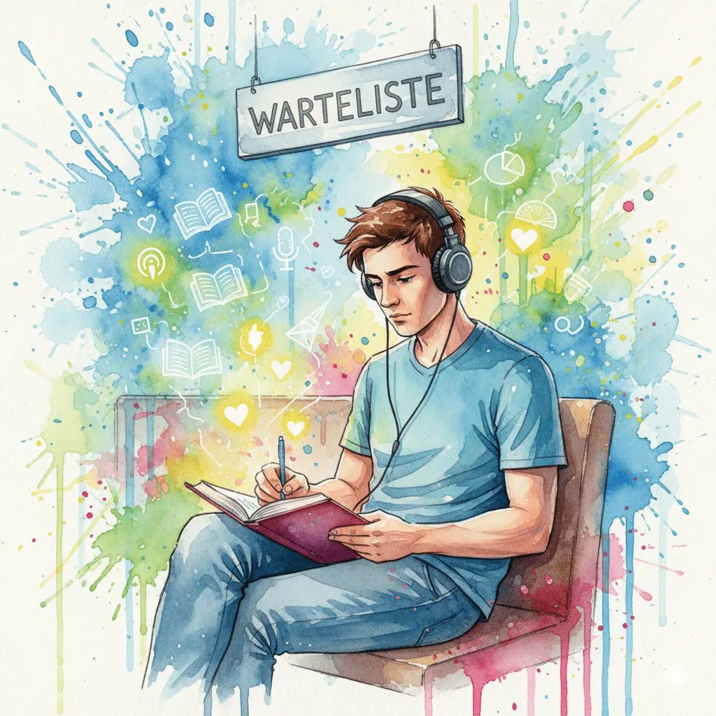 Eine Person im Wartezimmer, die die Zeit nutzt, um aktiv über Sucht zu lernen. Symbol für das Hacken der Warteliste.