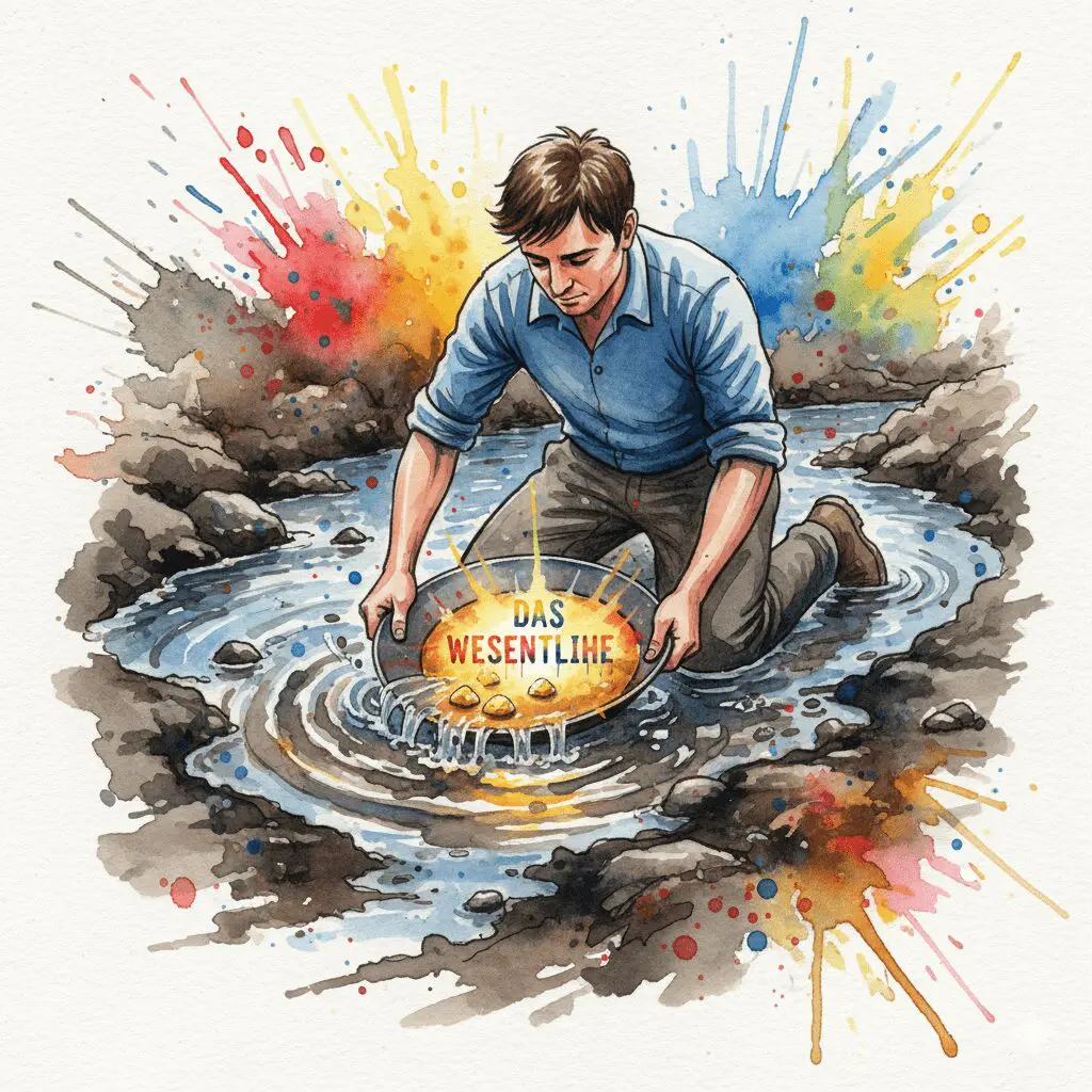 Eine Person, die Goldnuggets aus Schlamm wäscht, als Symbol für das Extrahieren der nützlichen Werkzeuge aus umstrittenen Konzepten wie "The Secret".