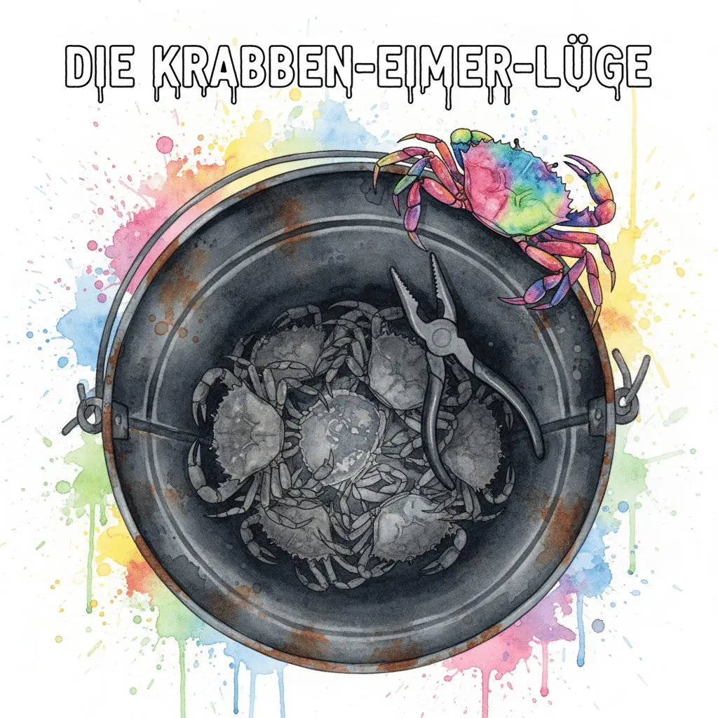 Titelbild für "Die Krabben-Eimer-Lüge". Eine bunte Krabbe klettert aus einem dunklen Eimer, während eine Zange sie zurückzieht. Symbol für Sabotage in der Sucht-Recovery.