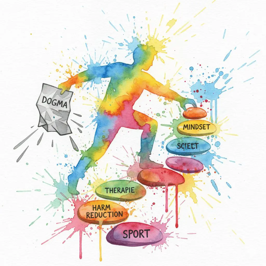 Eine Person wirft einen "Dogma"-Bauplan weg und baut ihren eigenen Weg aus verschiedenen Werkzeugen. Symbol für einen individuellen Recovery-Weg.