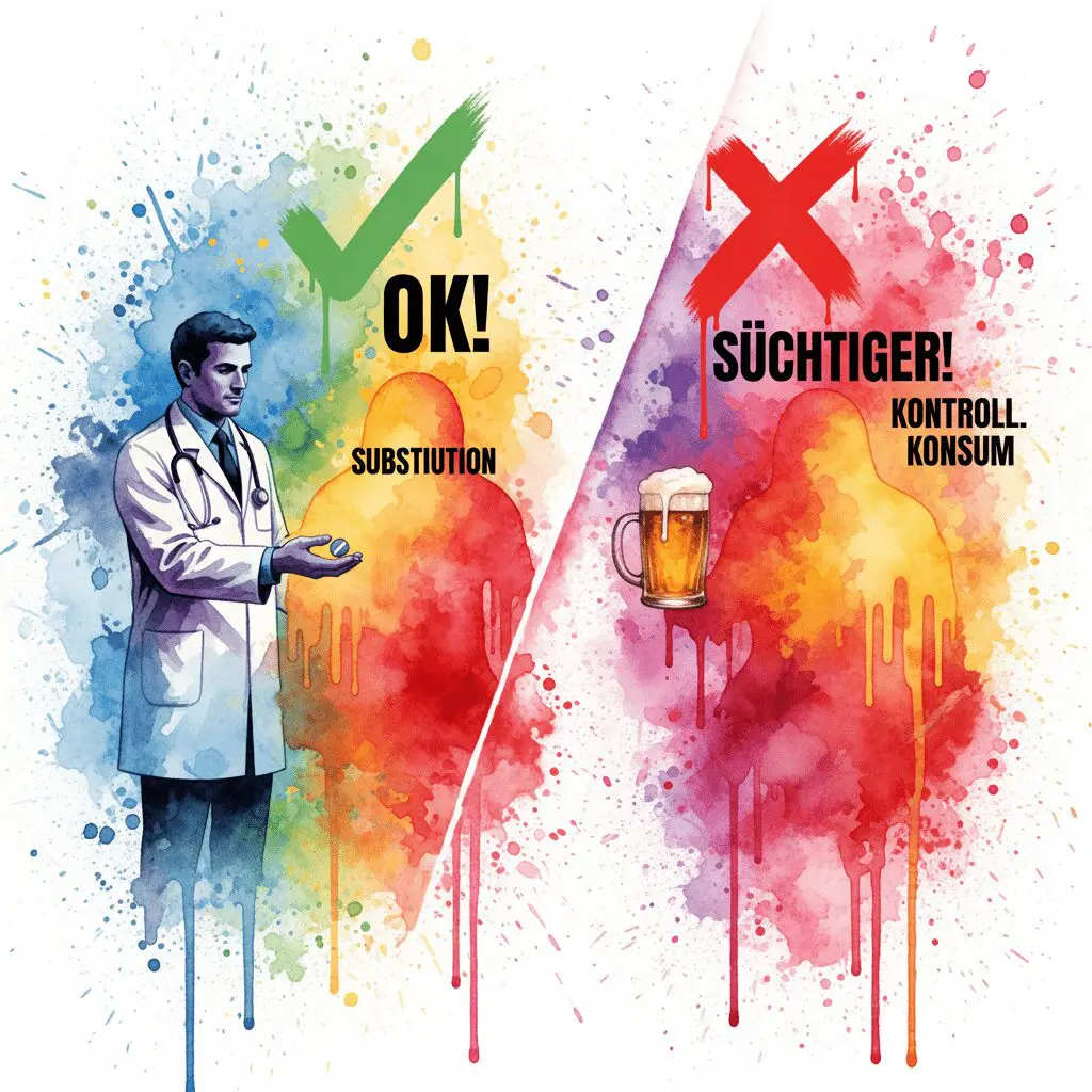 Geteiltes Bild: Links ist Substitution (Pille vom Arzt) "OK". Rechts ist Kontrollierter Konsum (Bier) "FALSCH". Symbol für die Heuchelei des Suchthilfesystems.