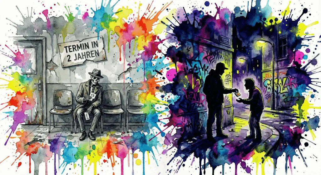 Links wartet ein Patient jahrelang auf einen Arzttermin, rechts bekommt er sofort Drogen vom Dealer. Symbol für das Versagen der ADHS-Versorgung.