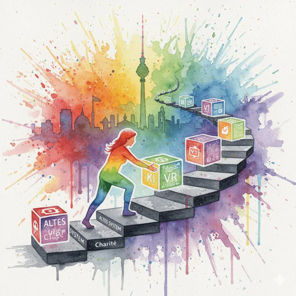 Eine Person baut ihren eigenen Weg aus alten (Therapie) und neuen (KI, VR, Mindset) Bausteinen vor der Berliner Skyline.