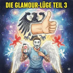 Titelbild "DIE GLAMOUR-LÜGE TEIL 3". Die NeelixberliN-Figur zeigt wütend auf ein Smartphone mit Netflix-Symbol, während ein Bundesadler-Symbol naiv einen "Daumen hoch" gibt. Symbol für die Kritik an Hendrik Streecks Lob der Haftbefehl-Doku.