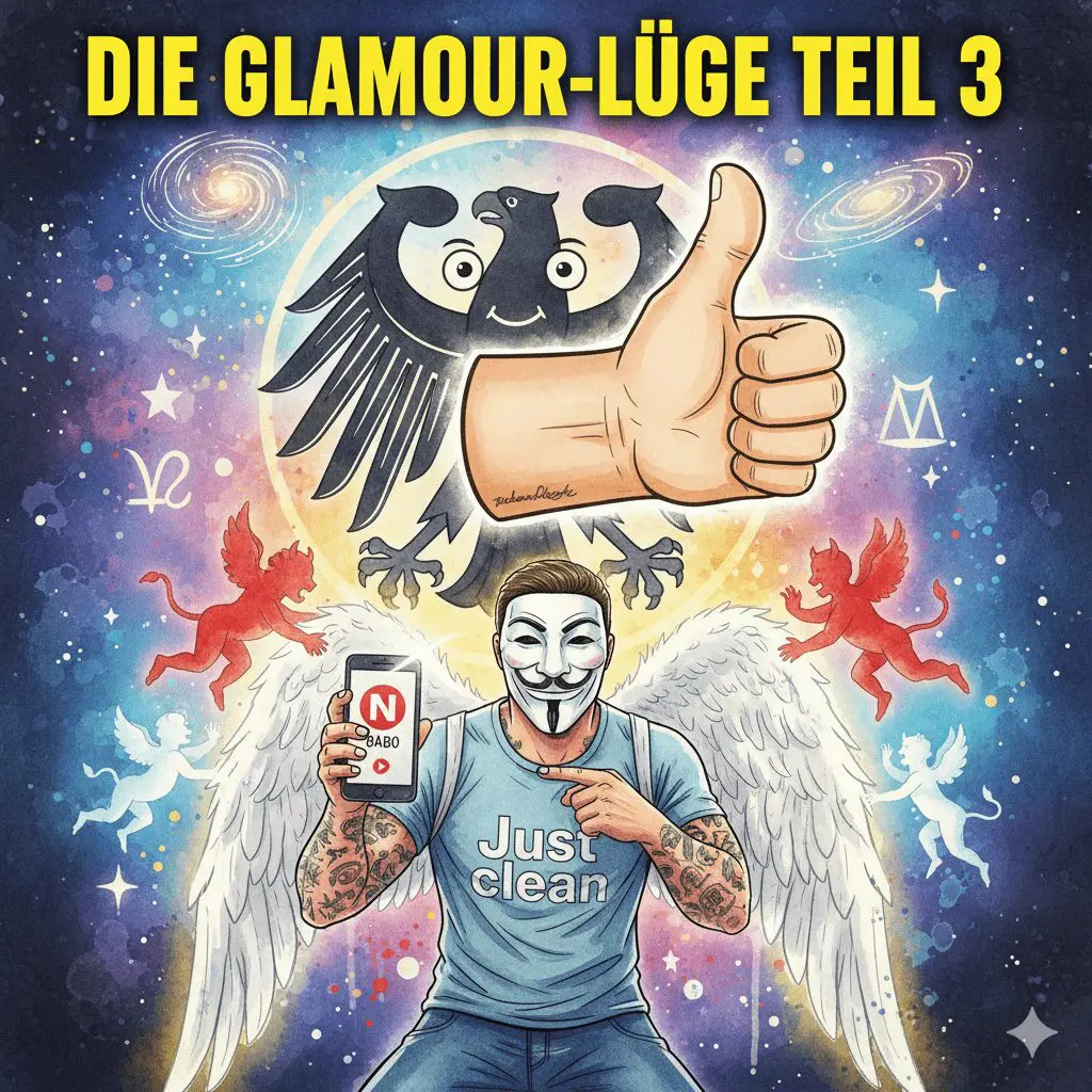 Titelbild "DIE GLAMOUR-LÜGE TEIL 3". Die NeelixberliN-Figur zeigt wütend auf ein Smartphone mit Netflix-Symbol, während ein Bundesadler-Symbol naiv einen "Daumen hoch" gibt. Symbol für die Kritik an Hendrik Streecks Lob der Haftbefehl-Doku.