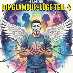 Titelbild "DIE GLAMOUR-LÜGE TEIL 4". Die NeelixberliN-Figur hält ein Gehirn, das von digitalen Kabeln mit Drogen- und Dollar-Symbolen gehackt wird, während im Hintergrund Rapper-Silhouetten zu sehen sind. Symbol für psychologische Manipulation durch Medien.