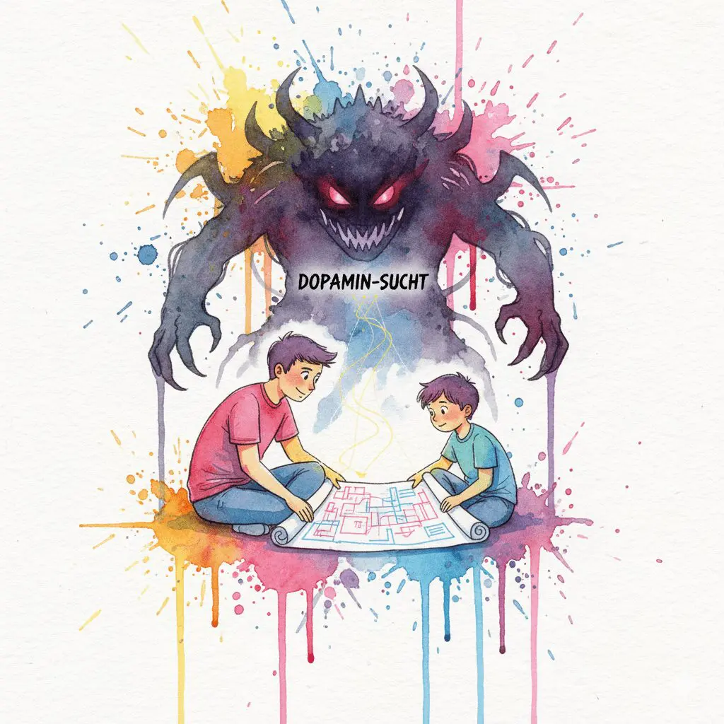 Elternteil und Kind als Team, das einen Plan gegen ein "Dopamin-Sucht"-Monster schmiedet. Symbol für einen neuen, gemeinsamen Weg in der Erziehung.