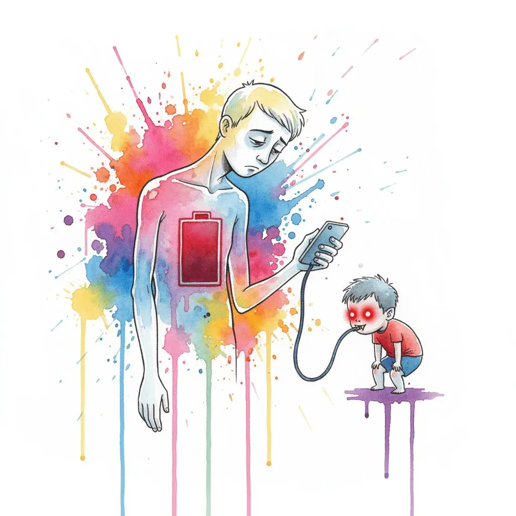 Eine ausgebrannte Eltern-Figur mit leerem Akku, die einem Kind das Handy überlässt. Symbol für die Stress-Falle und den digitalen Schnuller.