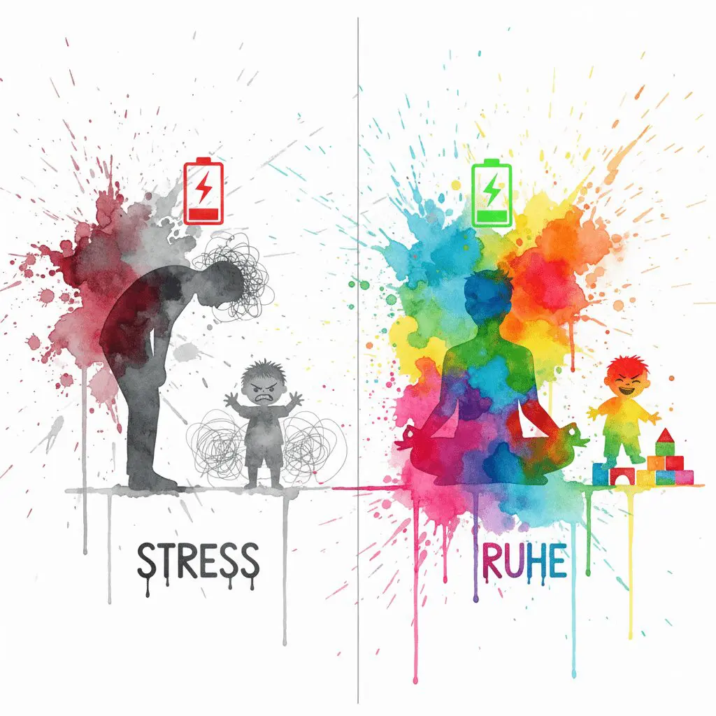 Links ein gestresster Elternteil mit leerem Akku und wütendem Kind. Rechts ein ruhiger Elternteil mit vollem Akku und friedlichem Kind. Symbol für den Mindset-Hack.