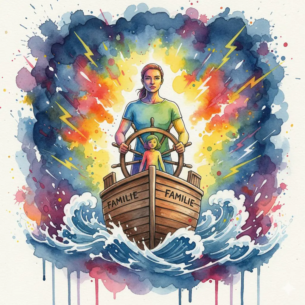 Ein Elternteil als Kapitän, der das Familien-Schiff ruhig durch einen Sturm steuert. Symbol für den "Soul Master" Mindset-Hack für Eltern.
