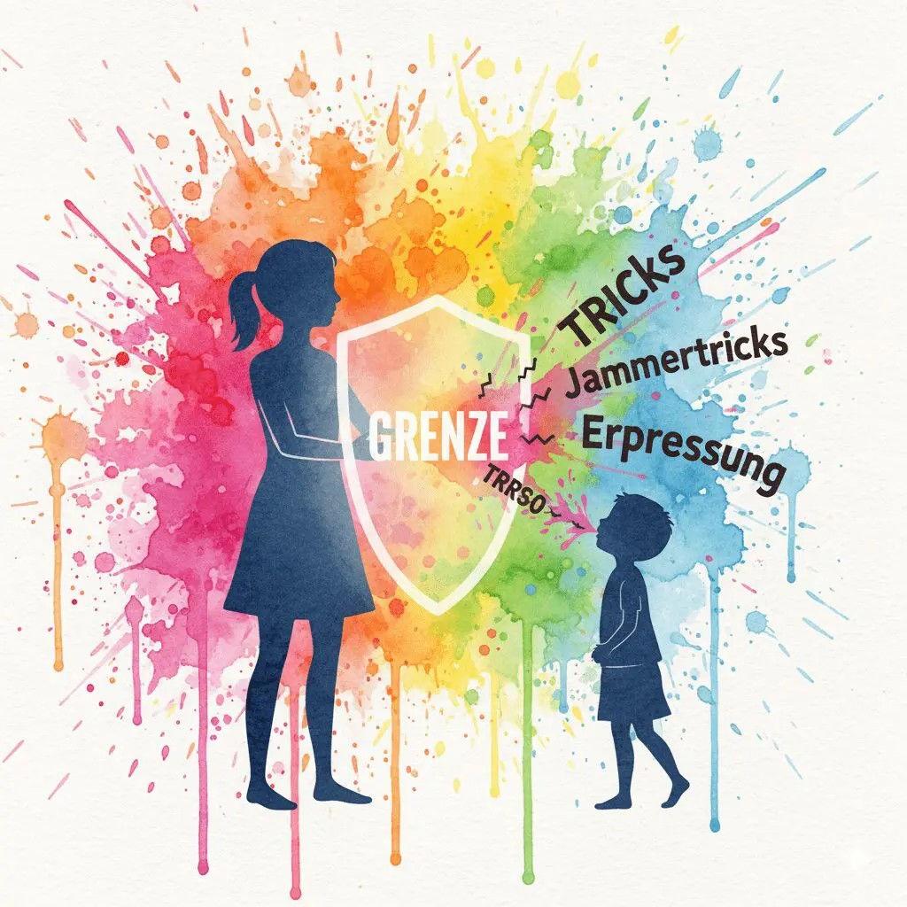 Manipulative Worte eines Kindes prallen an einem leuchtenden Schild ("GRENZE") ab, das ein Elternteil hält. Symbol für den installierten "Bullshit-Detektor".