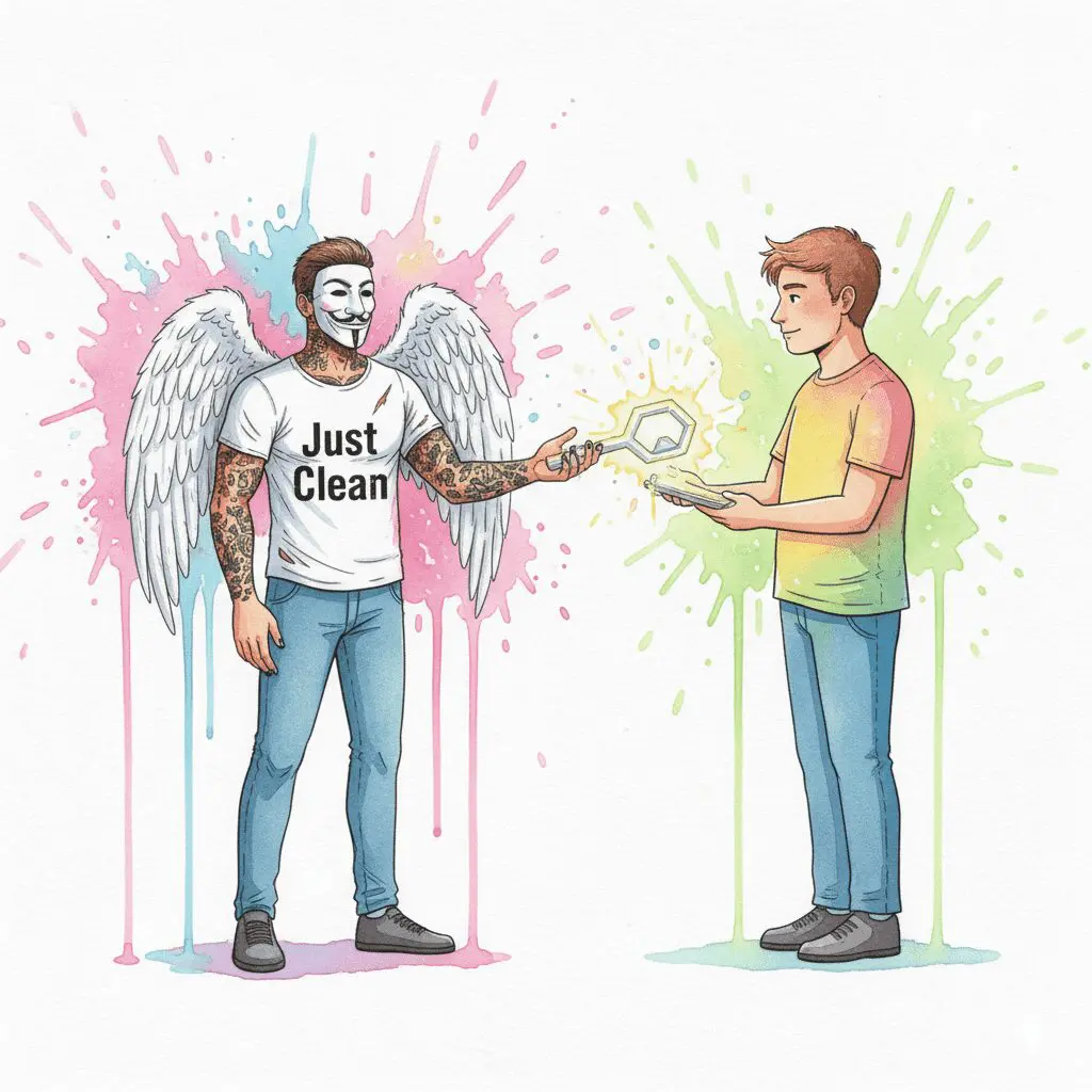 Die NeelixberliN-Figur übergibt einem Elternteil symbolisch die neuen Werkzeuge. Symbol für Empowerment und Hilfe zur Selbsthilfe.