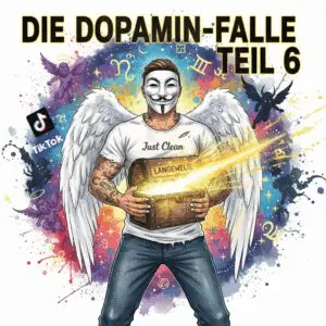 Titelbild "DIE DOPAMIN-FALLE TEIL 6". Die NeelixberliN-Figur hält eine leuchtende "Langeweile-Box" (Schatzkiste), die als Superkraft und Sucht-Impfung die dunklen Symbole der digitalen Sucht (TikTok, Roblox) vertreibt.