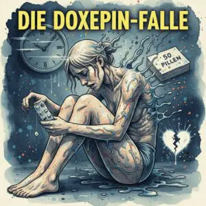 Titelbild "Die Doxepin-Falle". Eine Person leidet unter Opiat-Entzugskrämpfen, hält einen Doxepin-Blister, während eine Uhr schnell läuft und 50 Pillen-Stapel sowie ein zerbrochenes Herz sichtbar sind.