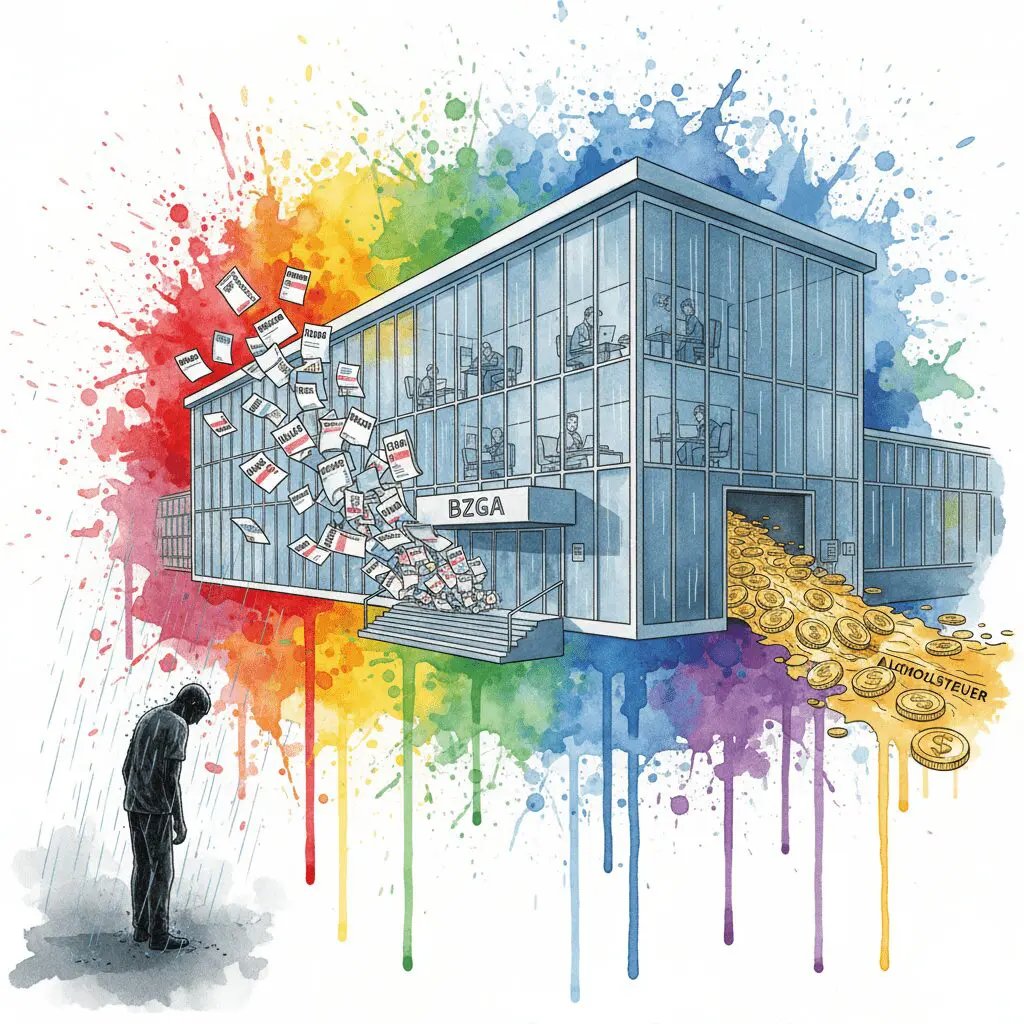 Ein Regierungsgebäude druckt Warnbroschüren, während es im Keller Alkoholsteuern kassiert. Symbol für die staatliche Doppelmoral.