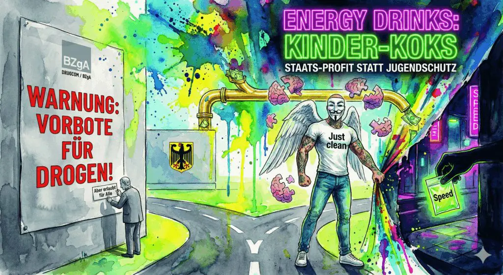Titelbild "Energy Drinks: Kinder-Koks". Die NeelixberliN-Figur enthüllt: Links warnt Drugcom vor der Einstiegsdroge, rechts trinkt ein Kind, dessen Schatten Koks konsumiert, während der Staat die Steuereinnahmen kassiert.