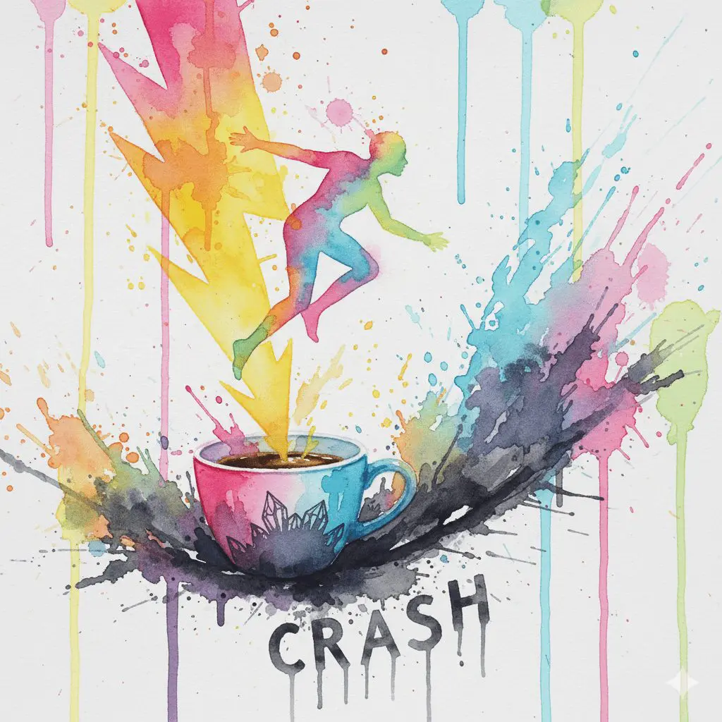 Eine Person erlebt ein extremes Hoch und einen tiefen Crash durch Koffein. Symbol für die Adrenalin-Achterbahn und die Koffein-Lüge.