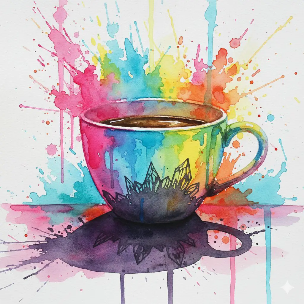 Eine Tasse Kaffee wirft den Schatten einer Kokain-Line. Symbol für die Koffein-Lüge und die ähnliche Wirkung von Koffein und Kokain auf das Nervensystem.