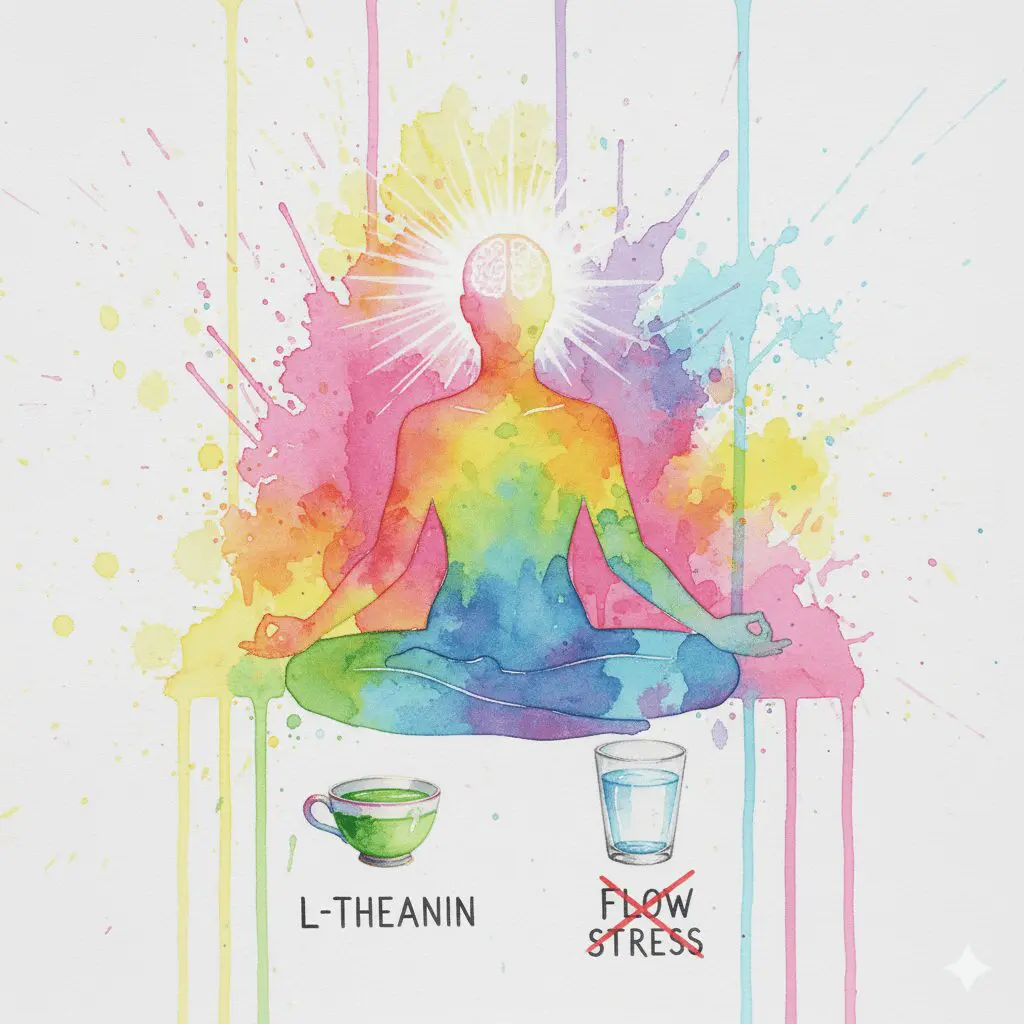 Eine fokussierte Person mit grünem Tee (L-Theanin) statt Kaffee. Symbol für die gesunde Alternative zum Koffein-Crash.