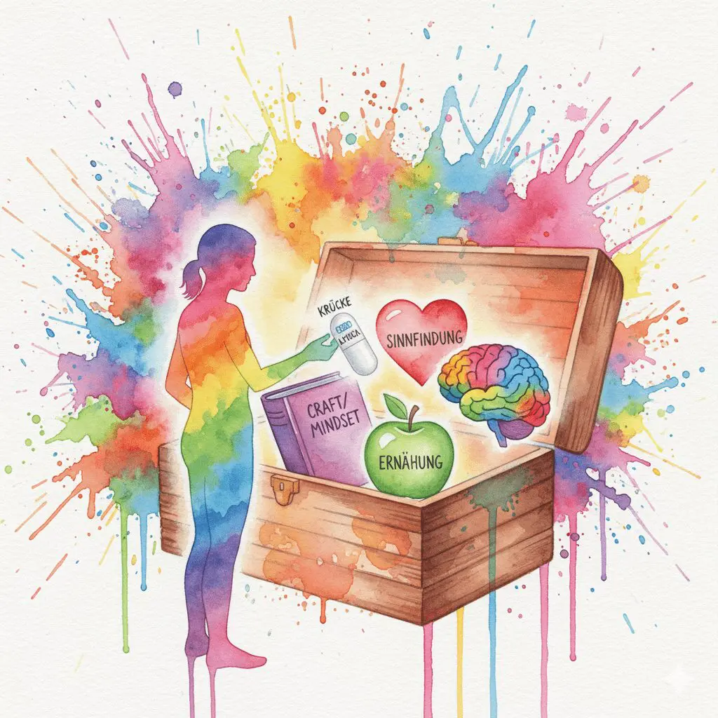 Eine Pille wird als kleines Werkzeug in einen großen Hilfekasten mit Mindset-, Therapie- und Ernährungs-Symbolen gelegt. Symbol für einen ganzheitlichen Ansatz.