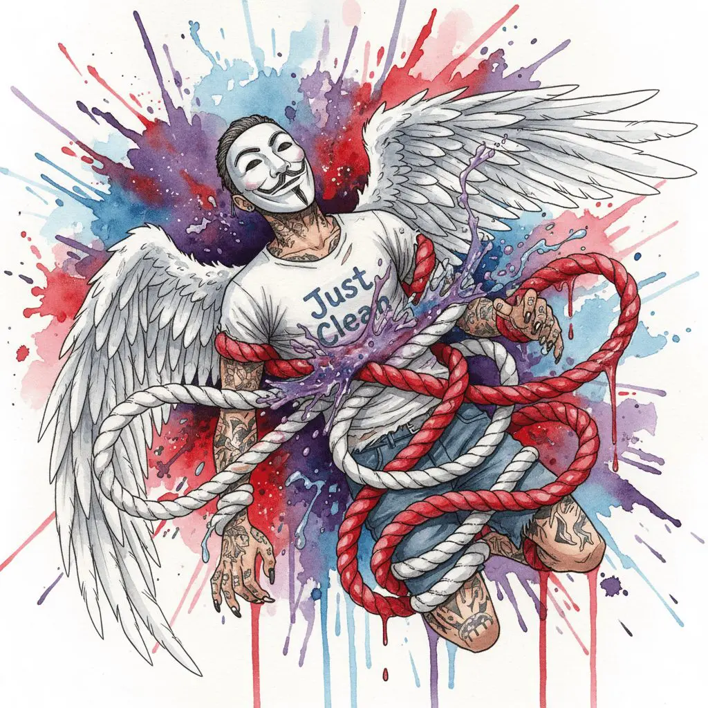 NeelixberliN-Figur wird von einem Seil aus Kokain und einem Seil aus Alkohol gleichzeitig gefesselt, was den Kontrollverlust beim Mischkonsum symbolisiert.