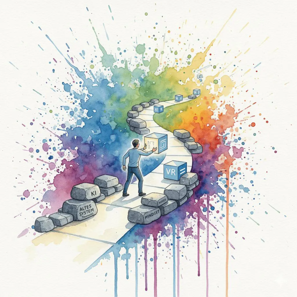 Eine Person baut ihren eigenen Weg aus alten (Therapie) und neuen (KI, VR, Mindset) Bausteinen. Symbol für die individuelle Recovery der Zukunft.