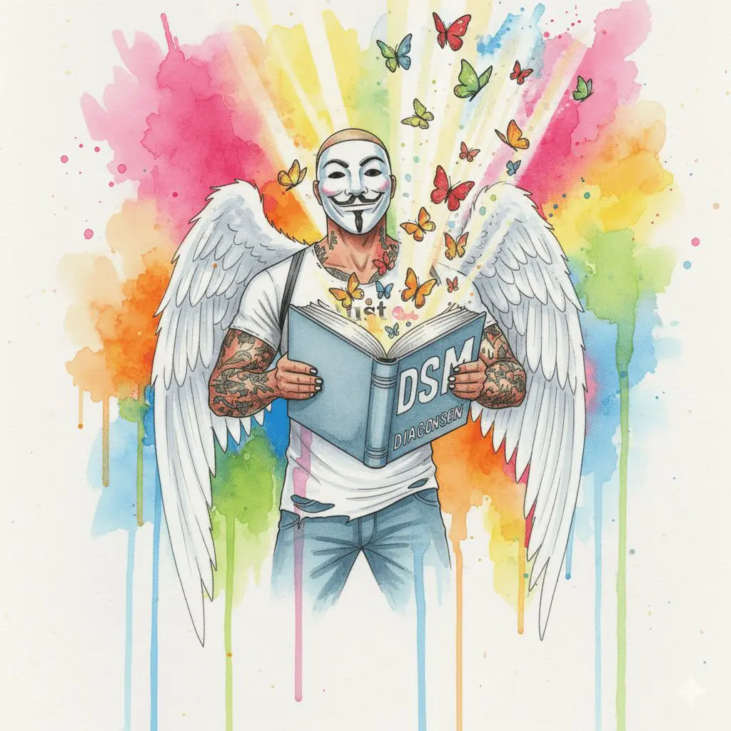 Die NeelixberliN-Figur zerreißt das Diagnose-Buch und befreit sich. Symbol für die Rückgewinnung der eigenen Identität jenseits von Labels.