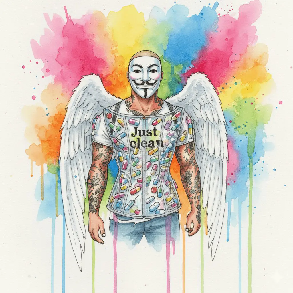 Die NeelixberliN-Figur gefangen in einem Korsett aus Pillen. Symbol für die einschränkende Wirkung von Psychopharmaka.