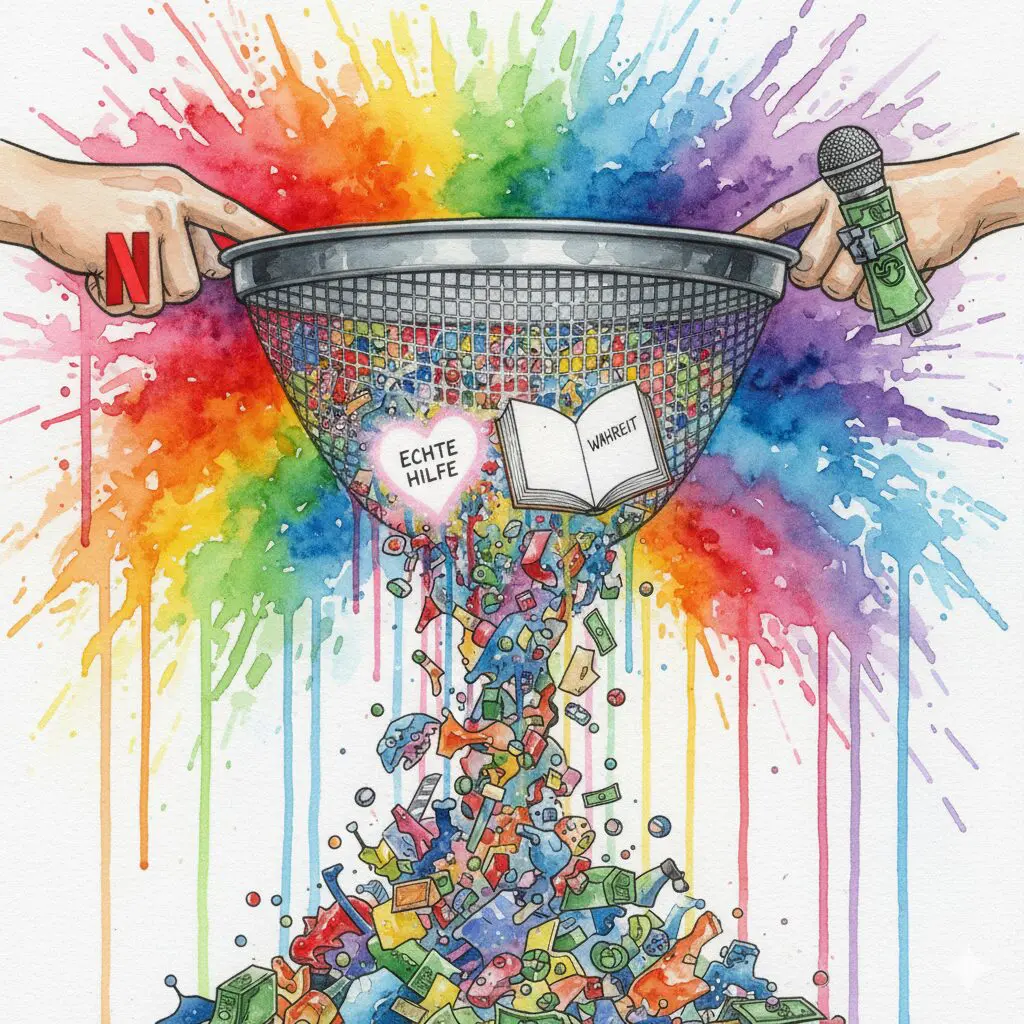 Ein Algorithmus-Filter (gehalten von Netflix/Rappern) lässt glamourösen Müll durch, aber blockiert "Echte Hilfe" und "Wahrheit". Symbol für die Algorithmus-Lüge.