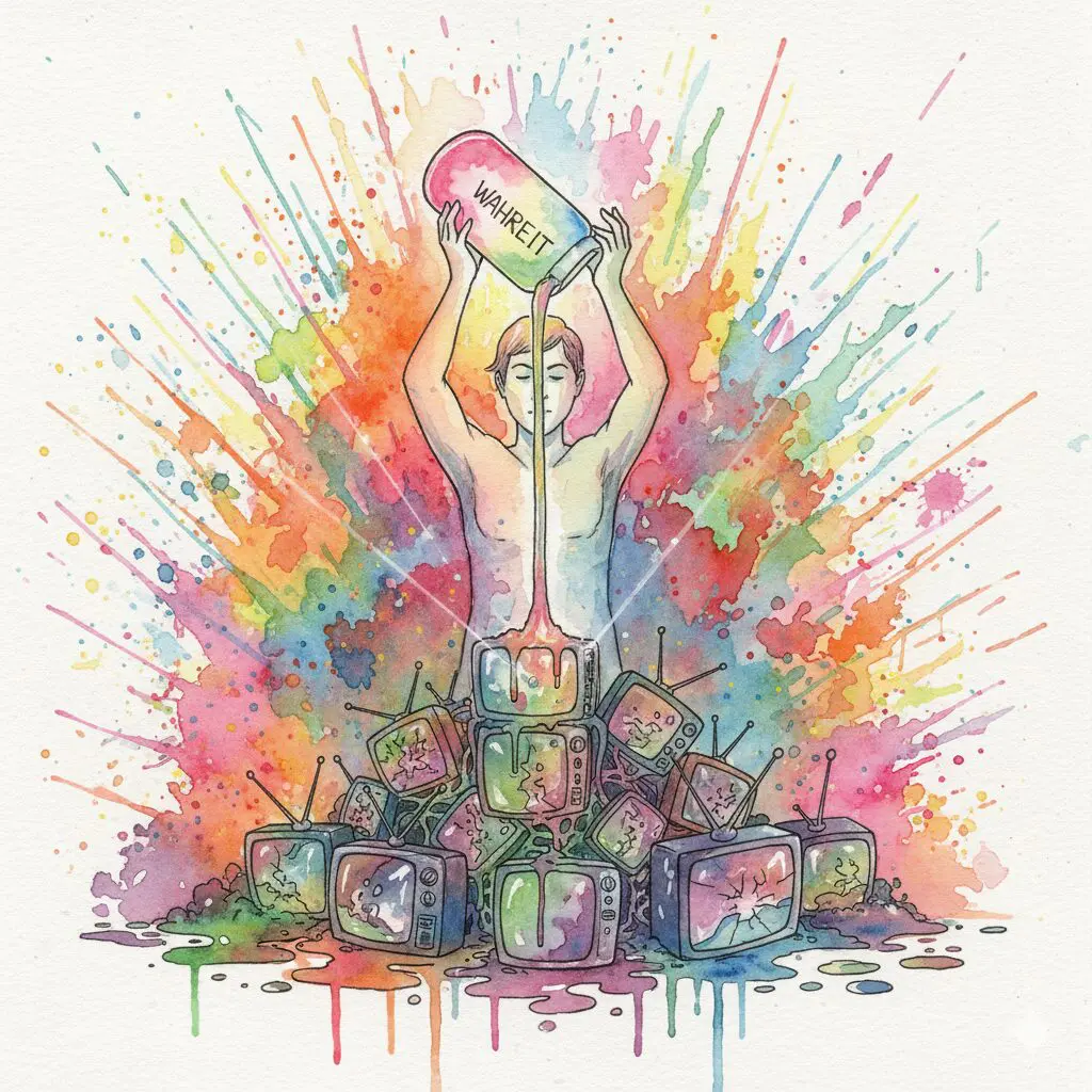 Eine Flasche mit der Aufschrift "WAHRHEIT" wird über giftige Fernseher und Smartphones geschüttet. Symbol für NeelixberliN als Gegengift zur Glamour-Lüge.