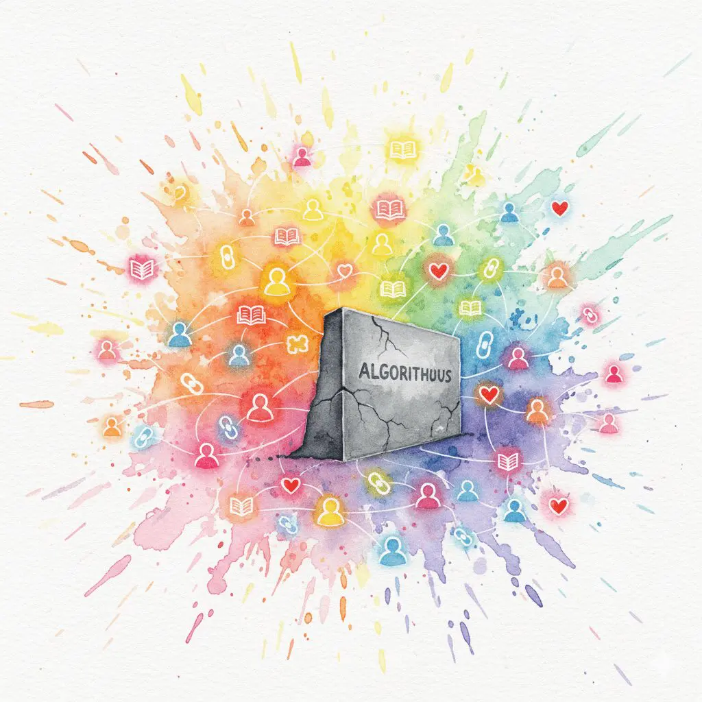 Ein Netzwerk von Menschen teilt Wissen und umgeht so die Algorithmus-Mauer. Symbol für die Community als Lösung gegen Zensur.