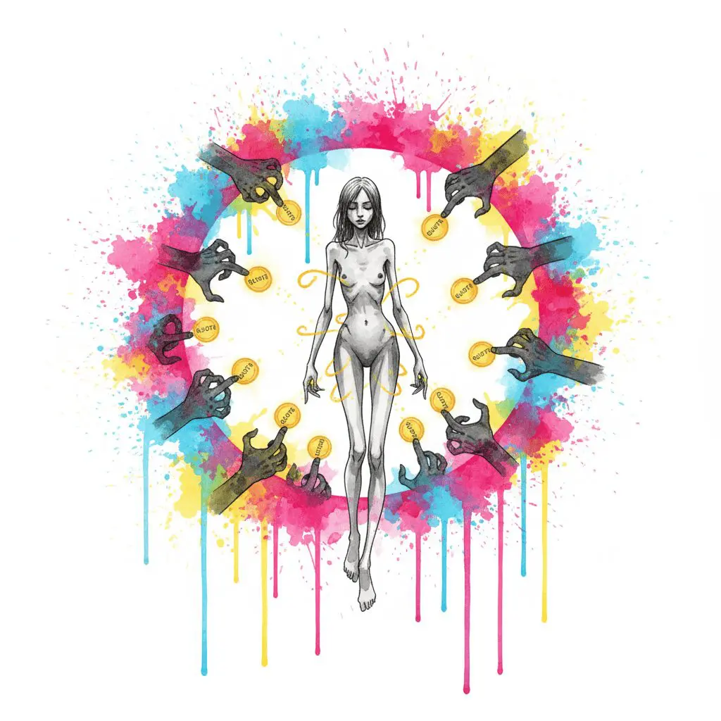 Eine verletzliche Person (Alicia, Hartes Deutschland) wird von Schattenhänden ausgeschlachtet, die Quoten-Münzen aus ihr ziehen. Symbol für mediale Ausbeutung.