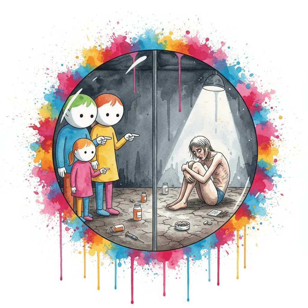 Eine Familie im Zoo-Stil starrt auf eine süchtige Person hinter Glas. Symbol für den Voyeurismus und die Armutspornografie von Dokus wie "Hartes Deutschland".