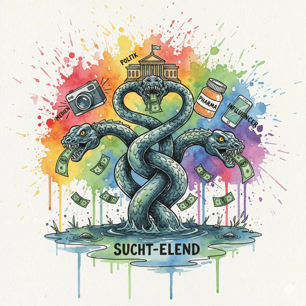 Eine vielköpfige Hydra, deren Köpfe (Medien, Politik, Pharma, Influencer) Geld aus einem Sumpf fressen. Symbol für den Kreislauf des Profits in der Sucht-Industrie.