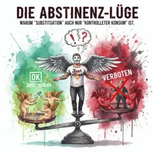 Titelbild "Die Abstinenz-Lüge". Die NeelixberliN-Figur auf einer Waage, die "Substitution" (Barock-Engel mit Pille) als "OK" darstellt, während "Kontrollierter Konsum" (Barock-Teufel mit Bier) als "VERBOTEN" gebrandmarkt wird. Knallige Watercolor-Farben.