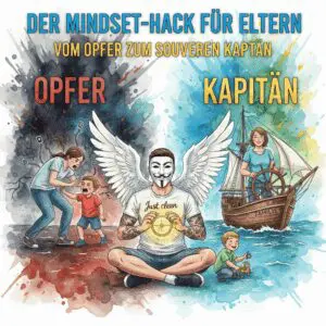 "Der Mindset-Hack für ELTERN". Die NeelixberliN-Figur beobachtet die Transformation von einer gestressten Eltern-Opferrolle zu einem souveränen Familien-Kapitän. Knallige Watercolor-Farben.