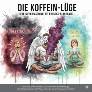Titelbild "Die Koffein-Lüge". Die NeelixberliN-Figur warnt vor Kaffee, der als Stimulans "Kieferfasching" wie nach Kokain auslöst. Im Kontrast dazu steht L-Theanin für Fokus.
