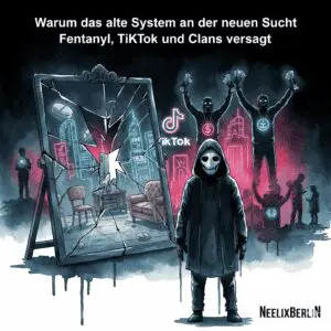 Titelbild "Die bequeme Lüge: Suchthilfe 2025". Eine NeelixberliN-Figur vor einem zerbrochenen Spiegel, der die alte Suchthilfe zeigt. Im Hintergrund glühen Neon-Symbole von Fentanyl-Pillen, TikTok, Clan-Rappern und überforderten Eltern.